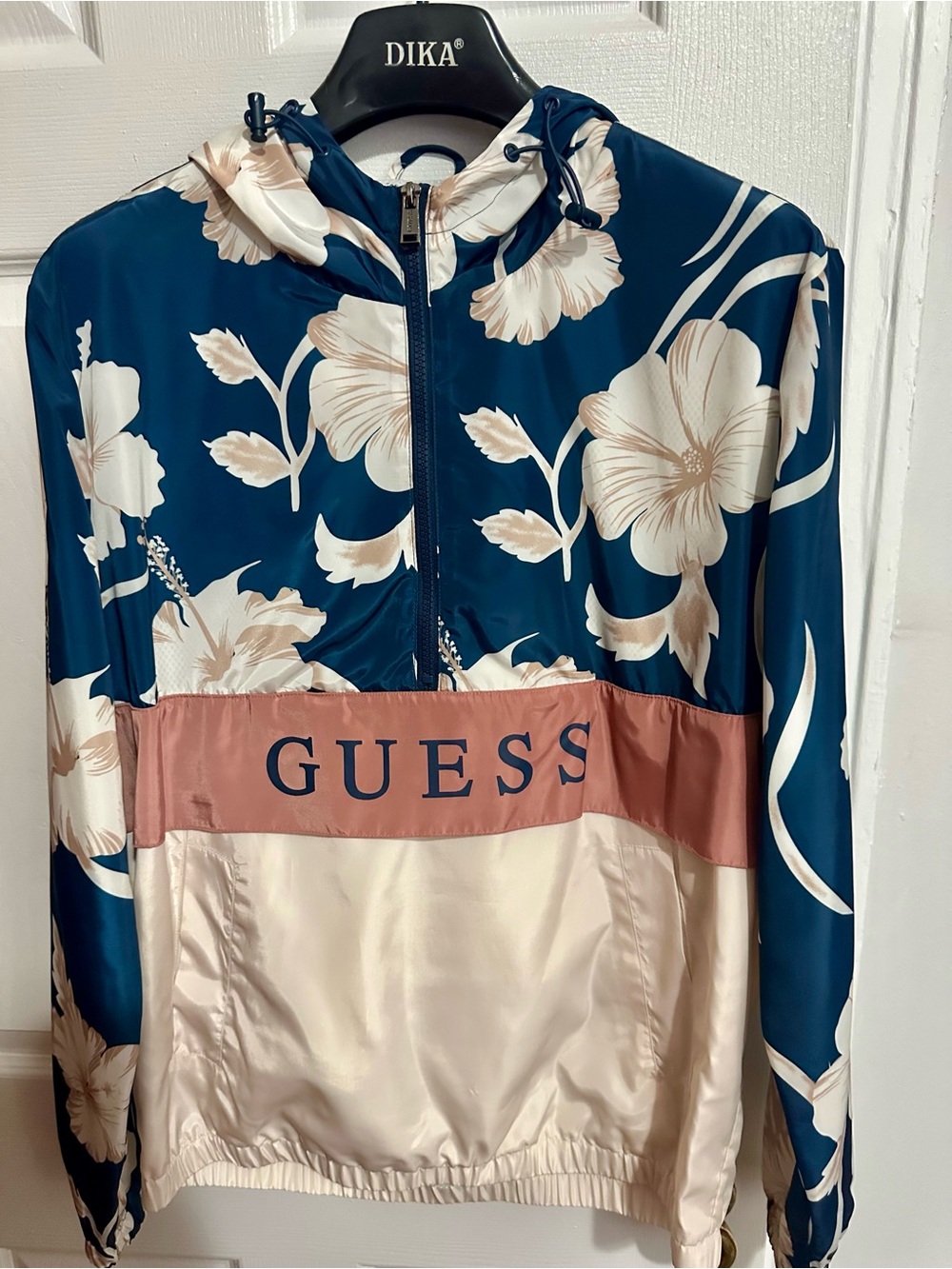 GUESS Floral Half-Zip Bomber Jacket in Navy, Blush & Cream